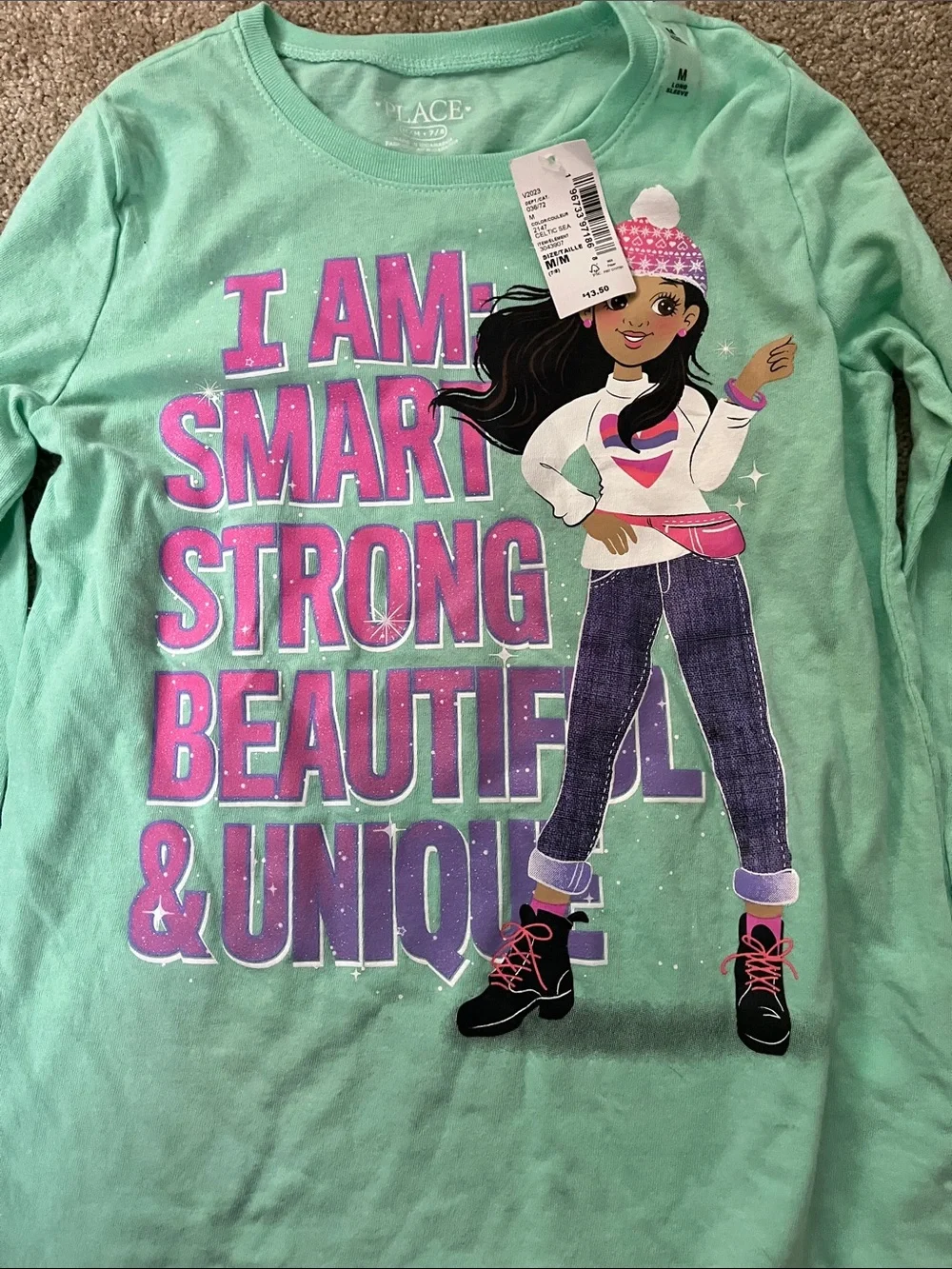The Children's Place Mint Green Long Sleeve Tee with Pink & Purple Graphic Girl